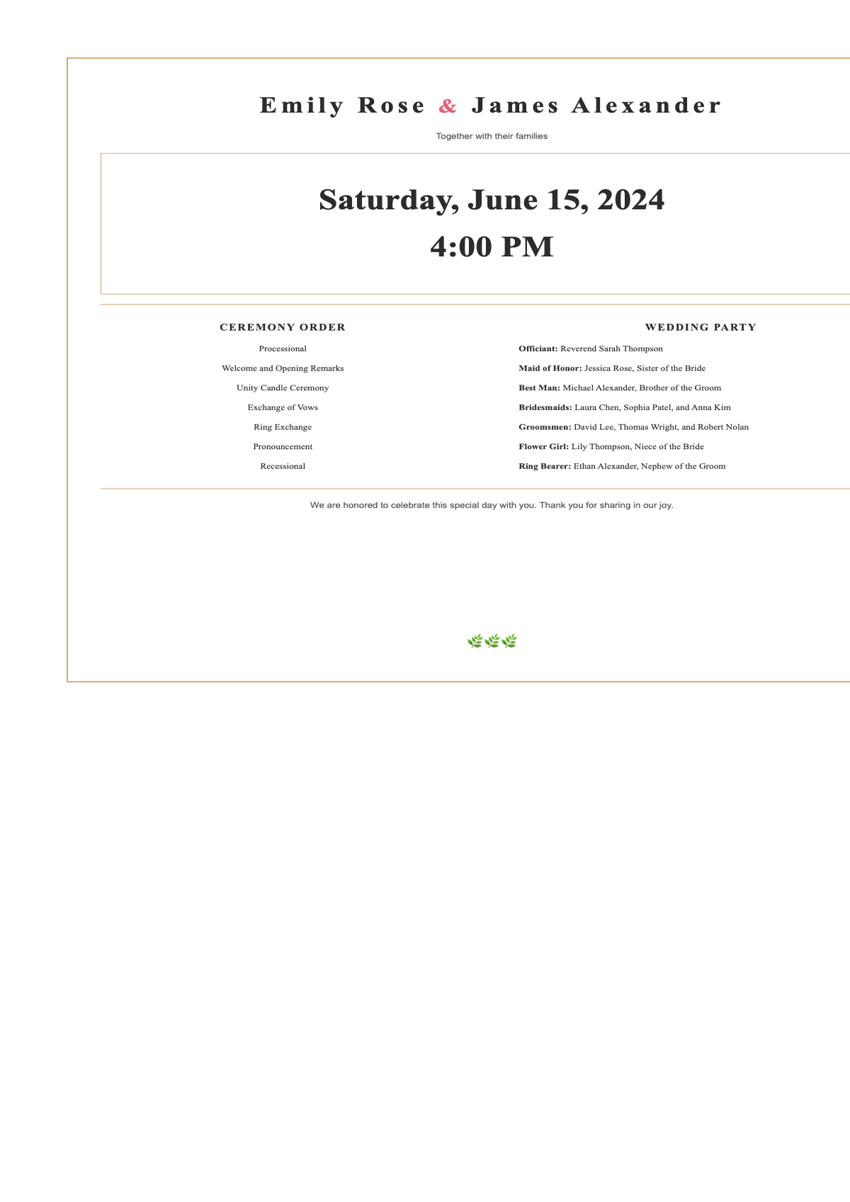 Elegant floral wedding program with gold accents and dual panel layout_variant_1